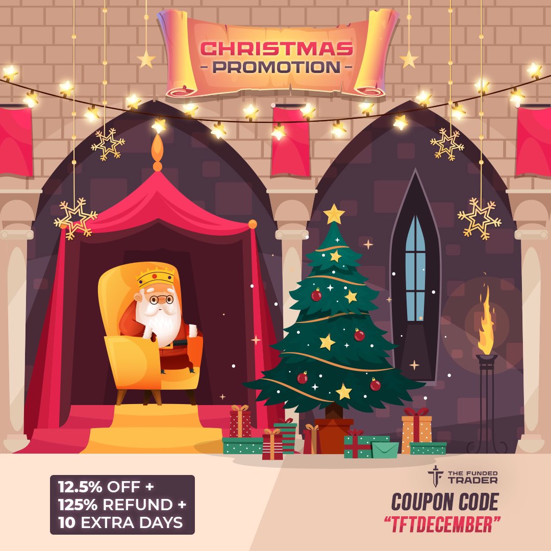 thefundedtrader's tweet image. DECEMBER PROMOTION 🎅🏻 

As voted by the community, here is YOUR December Promotion

Terms: 12.5% off + 125% Refund + 10 extra days on ALL challenges
Code: “TFTDECEMBER” 🎄 
Expire Date: December 16th midnight ⏲️ 

Official Site: thefundedtraderprogram.com/?sl=TFTwitter