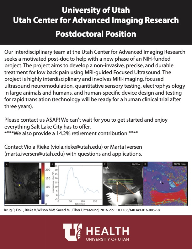 Looking for postdoc(s) to work on MRI-Guided Focused Ultrasound to treat back/neck pain! Interdisciplinary project, competitive salary w/14.2% retirement contribution, great group of researchers in Salt Lake City, Utah. Please advertise! #AcademicTwitter #postdocjobs #neurojobs