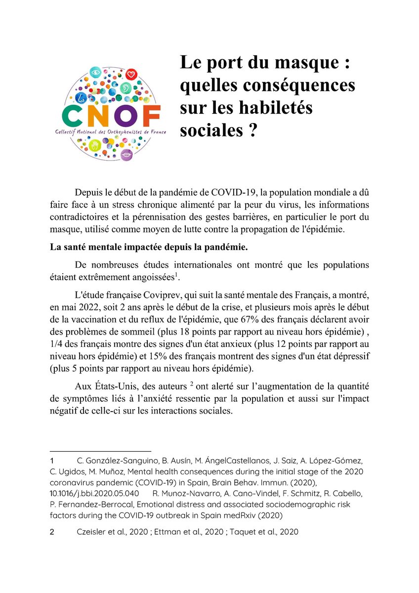 CollectifNatio1's tweet photo. Nouvel article !
Le CNOF refuse le retour du masque chez tous les enfants et leurs accompagnants.  Impacts du masque : quelles conséquences sur les habiletés sociales ?  #StopMasque #orthophonie #Enfants
#émotions
@union_enfants @MamansLouves @soseducation @dupontmarieest1 https://t.co/WKcjeEMcDc