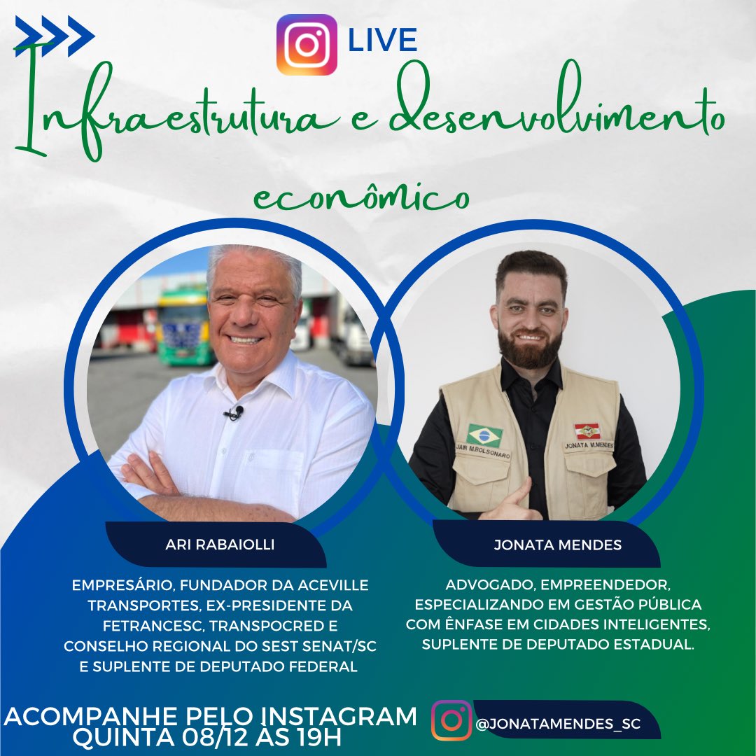 JonataMendes_sc's tweet photo. Infraestrutura e desenvolvimento econômico.

Vamos aprender com quem sabe fazer.

Bate papo com @AriRabaiolli vamos falar sobre onde estamos e onde queremos chegar em Santa Catarina.

Experiência, metas e desafios.

Curta, comente e compartilhe. https://t.co/tbzoYnz25Q