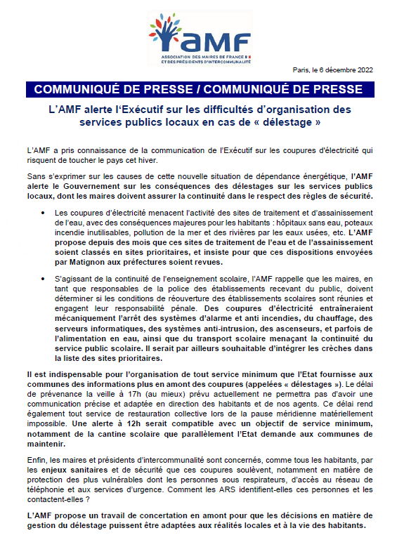 l_amf's tweet photo. L’AMF alerte l‘Exécutif sur les difficultés d’organisation des services publics locaux en cas de « délestage »▶️ https://t.co/zGR9KkjkwQ https://t.co/Z7ygRC17kg