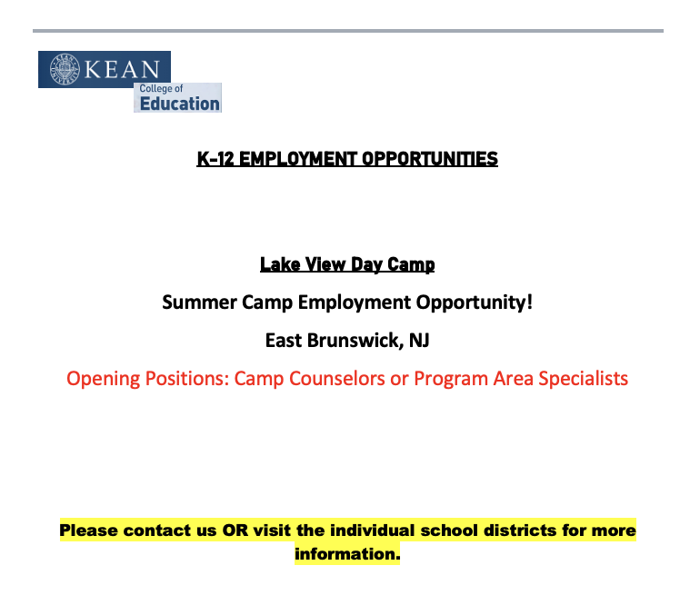 Kean University | College of Education (@keancoe) on Twitter photo New Employment Opportunity
Please reach out to the Summer Camp or to COE@kean.edu for more Information. New Employment Opportunity
Please reach out to the Summer Camp or to COE@kean.edu for more Information.