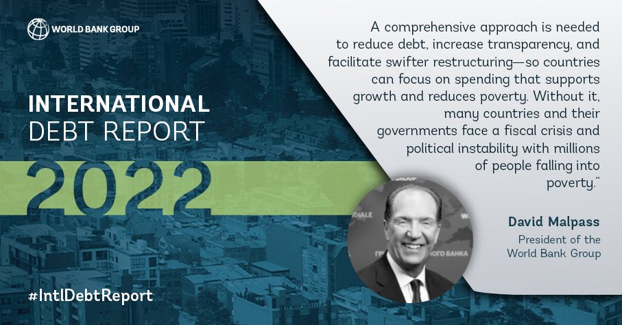 DavidRMalpass's tweet photo. During the launch of the @WorldBank’s 2022 #IntlDebtReport, I identified three potential risks for 2023:

1️⃣ Global recession
2️⃣ Multi-year slow growth period
3️⃣ Widespread asset repricing as higher interest rates are applied &amp; hedges run out

My remarks: https://t.co/7h93kwpXEb https://t.co/C5wHuMjuHe