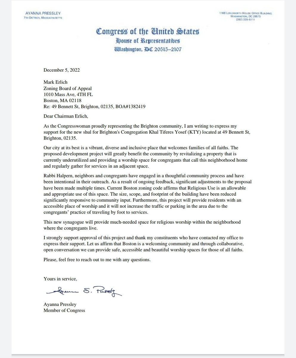 JewYid's tweet photo. UPDATE: Super excited to announce that my Brighton synagogue received zoning approval with letters of support from 800 neighbors and strong letters and leadership from Congresswoman @AyannaPressley and Boston City Councilors @LizBreadon @ErinforBoston 
 @juliaforboston @Ruthzee https://t.co/B14ONKHlha