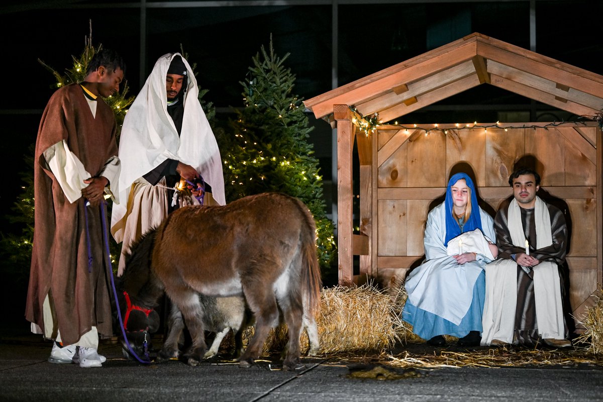 NeumannUniv's tweet photo. To celebrate the spirit of the Christmas season, Neumann campus ministry  presented a live nativity celebration, the highlight being a re-enactment of the Franciscan tradition of the crib, first celebrated in Greccio, Italy. https://t.co/K4kEExuXcP