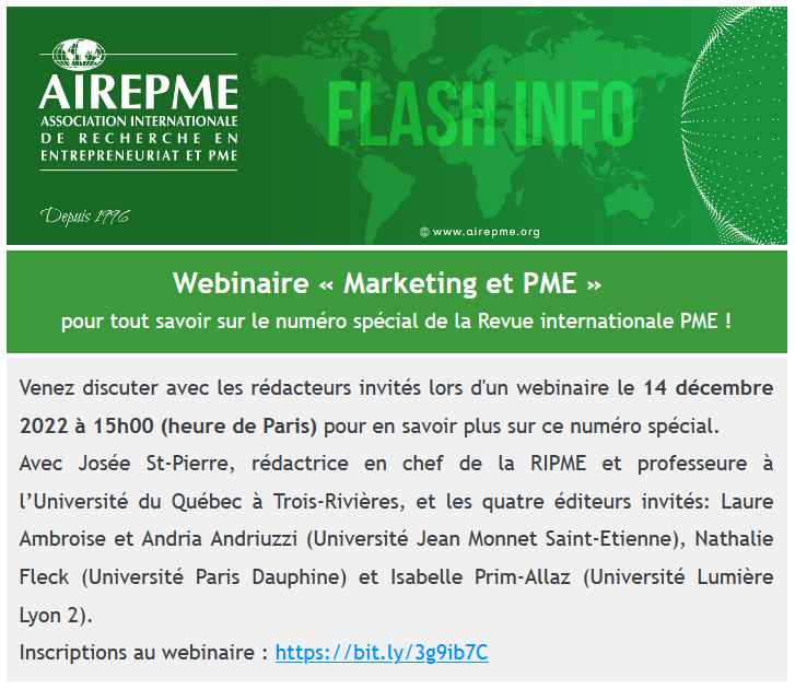 Webinaire « Marketing et PME : pratiques différentes, pratiques innovantes : que dit le marketing des PME ? » 8i9l8.r.ag.d.sendibm3.com/mk/mr/WrTT8tca… Merci <a href="/airepme/">AIREPME</a> pour le Flash Info ! Rendez-vous le 14/12 à 15h #MarketingPME