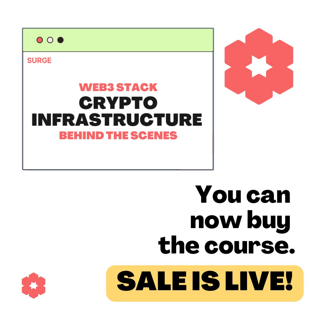 surge_women's tweet image. Our course sale is live! 🎉

Welcome to Web3 Stack - Crypto Infrastructure Behind the Scenes. 🔥

This is our first course - beyond excited for you all to see it.

Check out what we have in store. 👇🏽