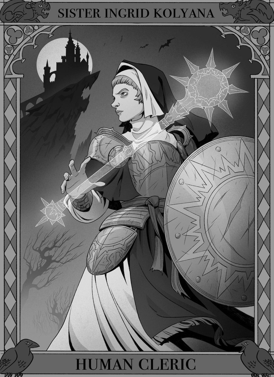 My DnD crew is getting close to wrapping up our Curse of Strahd campaign, so I finally finished some of our character portraits. Gonna post em up one at a time, starting with my cleric character. First time playing a healer, and what a time it’s been 💀
