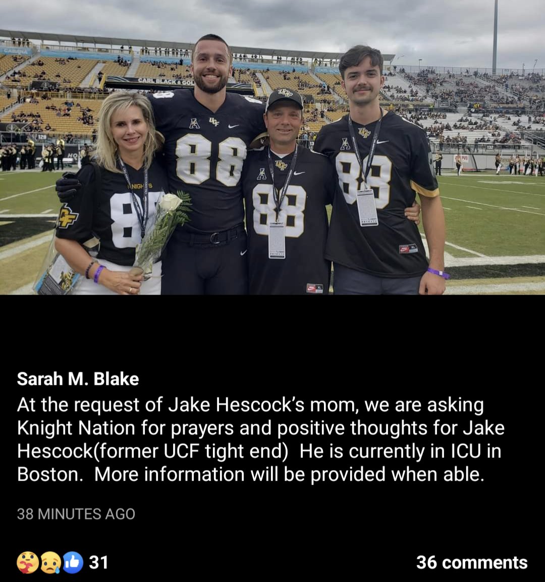 Please pray for Jake Hescock, who played tight end for UCF from 2017-21. A friend of the family posted this to Facebook today. 🙏