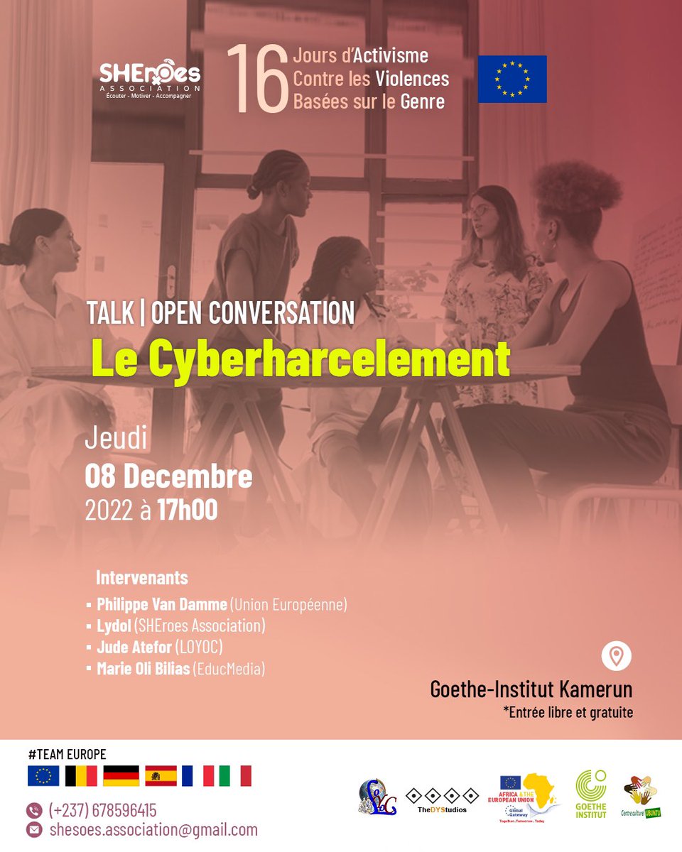 Vous avez loupé le talk de <a href="/SHEroesAsso/">SHEroes Association</a> <a href="/UEauCameroun/">L'UE au Cameroun et pour la Guinée équatoriale</a> avec <a href="/kareyce_fotso/">Kareyce FOTSO</a> ce soir? Pas de panique :
- prochain sujet le #cyberharcelement au <a href="/GoetheKamerun/">Goethe-Institut Kamerun</a> avec <a href="/LydolSlam/">LYDOL just a human</a> <a href="/loyocameroon/">LOYOC Cameroon</a> <a href="/EdukMedia/">Eduk-Média 🇨🇲</a>  <a href="/P_VanDamme_EU/">Philippe Van Damme 🇪🇺🇺🇦</a>       le 8 décembre à 17h 👌