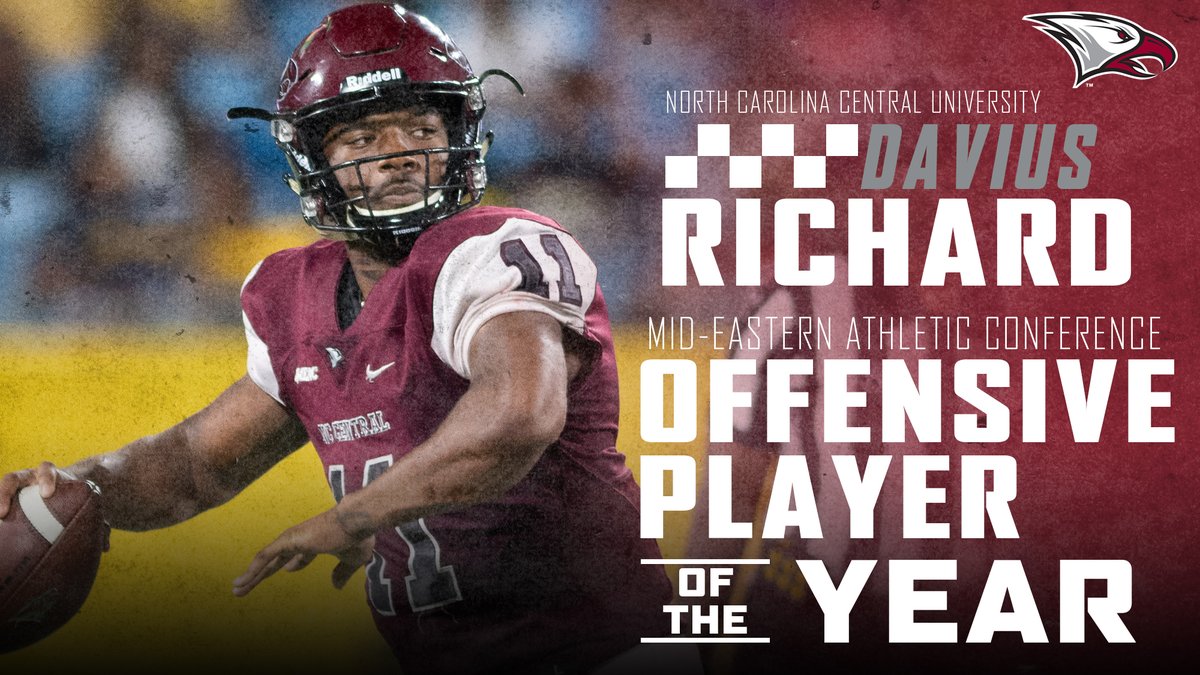 NCCU Athletics (@nccuathletics) on Twitter photo CONGRATS! <a href="/NCCU_Football/">NC CENTRAL FB | π¦
ππ¦
</a> junior quarterback Davius Richard announced as the 2022 MEAC Offensive Player of the Year!
#EaglePride | #EagleEra
<a href="/MEACSports/">Mid-Eastern Athletic Conference</a> CONGRATS! <a href="/NCCU_Football/">NC CENTRAL FB | π¦
ππ¦
</a> junior quarterback Davius Richard announced as the 2022 MEAC Offensive Player of the Year!
#EaglePride | #EagleEra
<a href="/MEACSports/">Mid-Eastern Athletic Conference</a>