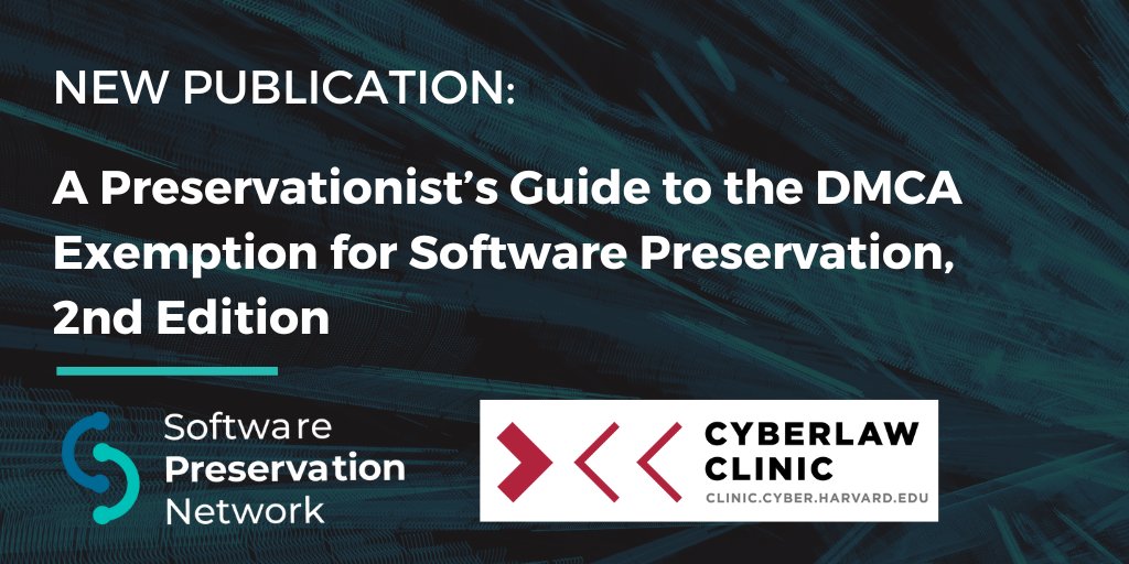 The 2nd edition of A Preservationist’s Guide to the DMCA Exemption for Software Preservation is now available! 🖥️

Prepared for SPN by the <a href="/cyberlawclinic/">Cyberlaw Clinic</a>, it covers exemptions in place until late 2024. softwarepreservationnetwork.org/a-preservation…