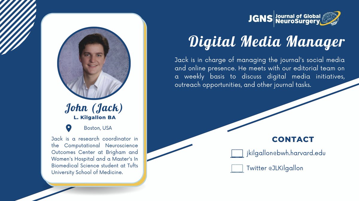 journalGNS's tweet photo. We are excited to introduce our Digital Media Manager, @JLKilgallon. Thank you Jack for all that you do for the journal! #GlobalNeurosurgery #BlueJournal https://t.co/GI4yYpd66E