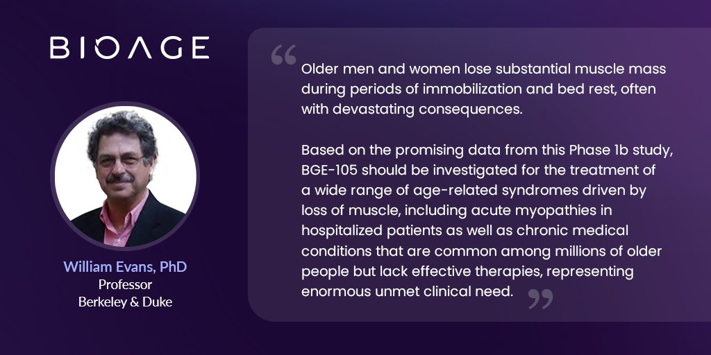 bioagelabs's tweet photo. Yesterday, we announced positive Phase 1b topline data showing that BGE-105 prevented muscle atrophy in older people.

BioAge advisor Bill Evans, the first to describe sarcopenia, believes BGE-105 has potential as a therapy for diseases of muscle aging:

https://t.co/yFMUZoWhiq https://t.co/iXTwAVx1vg