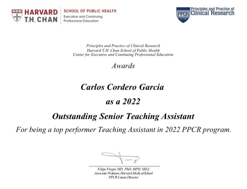Infinitely grateful for receiving this award again! Proud to be part of this team! Thanks to <a href="/HarvardChanSPH/">Harvard T.H. Chan School of Public Health</a> <a href="/ffregni/">Felipe Fregni</a> <a href="/Alma_SanchezMD/">Alma Sanchez</a> <a href="/PPCR_Course/">Clinical Research</a>