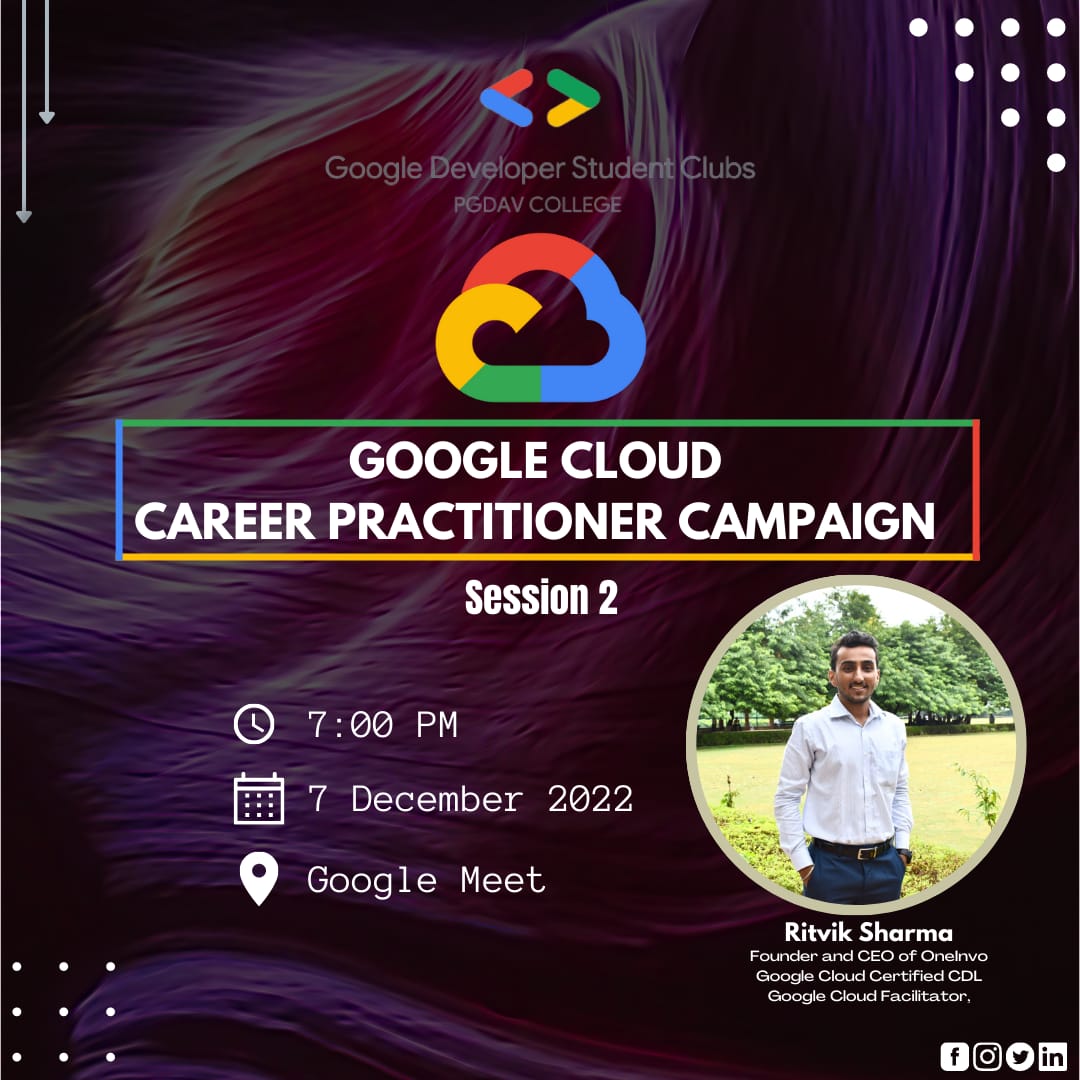 dscpgdav's tweet image. Greetings Everyone ✨
Session 2 of Google Cloud Career Practitioners Pathway Campaign begins tomorrow. 👨‍💻 
.
.
.
#Google #googledevelopers #googledevelopersstudentclub #cloud #career #Campaign #gdscpgdav