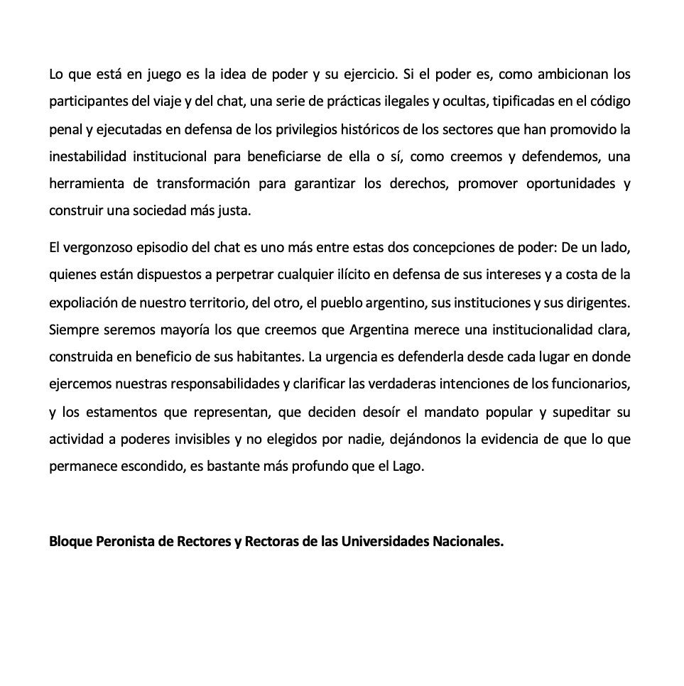 Les comparto una declaración que realizamos desde el Bloque Peronista de Rectores y Rectoras de las Universidades Nacionales: