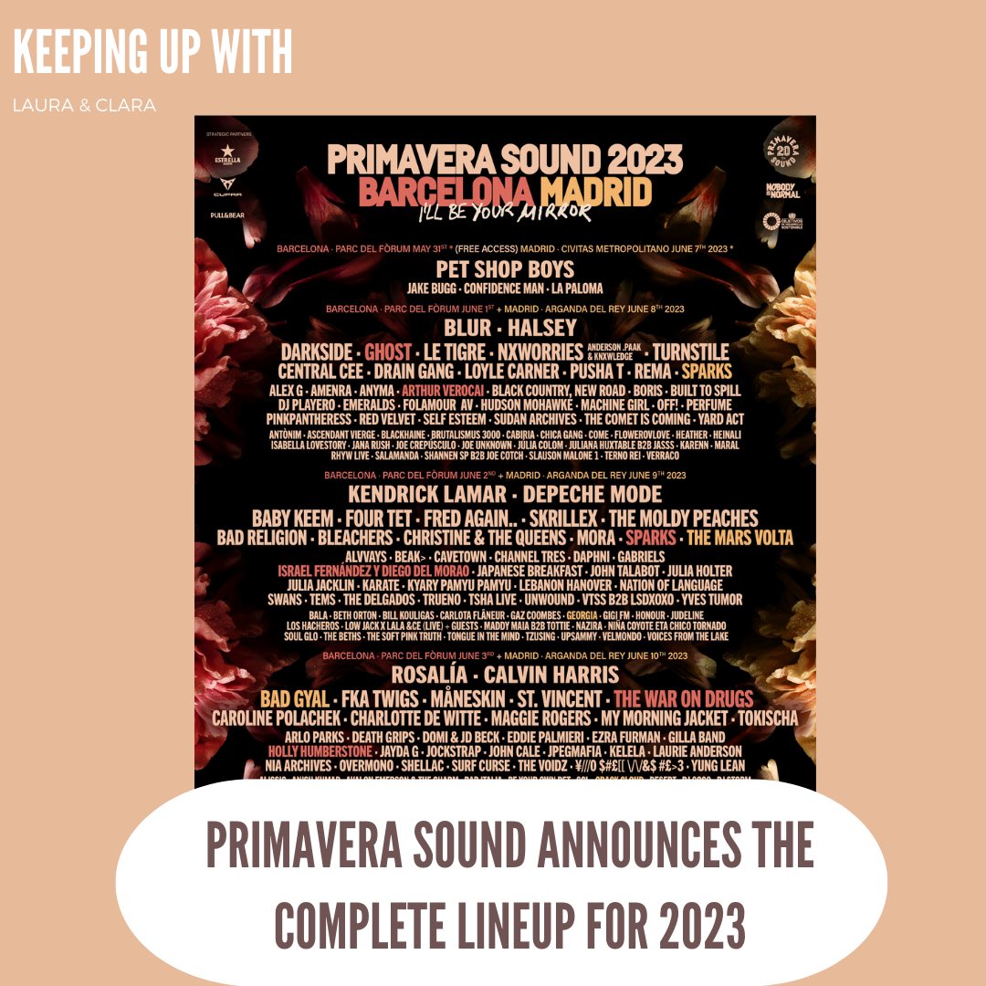keepwith_'s tweet photo. ➡️The new lineup for 2023 of Primavera Sound has become one of the notices more commented currently🎵🎵

#keepingupwith #music #news https://t.co/sEBSUg3IWP