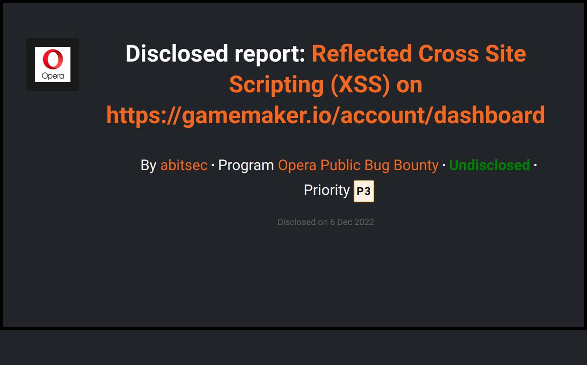 Bcdisclosed's tweet photo. Opera Public Bug Bounty disclosed a submission reported by abitsec on @Bugcrowd !
https://t.co/H0fDBioKoK
  #Bugcrowd #bugbounty https://t.co/W7HPJcBBKI