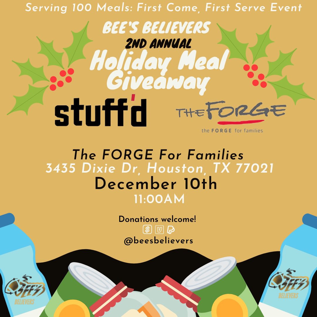 Join us this Saturday, Dec 10th for our 2nd Annual Holiday Meal Giveaway! We are serving meals to the community to show our appreciation during this holiday season. Donations are welcome! Hope to see you there!! 🎄🐝🐝🎄