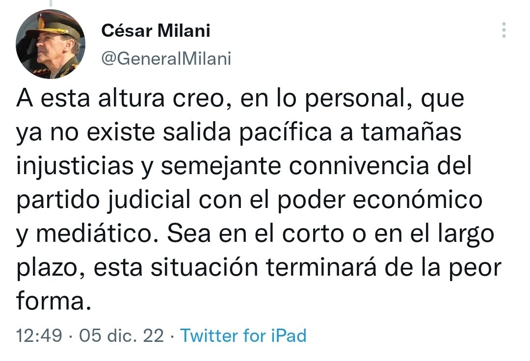 Lo que faltaba: un llamado al “pase a la lucha armada” del ex jefe del ejército, general kirchnerista Cesar Milani. Los dirigentes de todos los partidos, y sobre todos los que somos más jóvenes, tenemos que repudiar estas declaraciones de manera unánime.