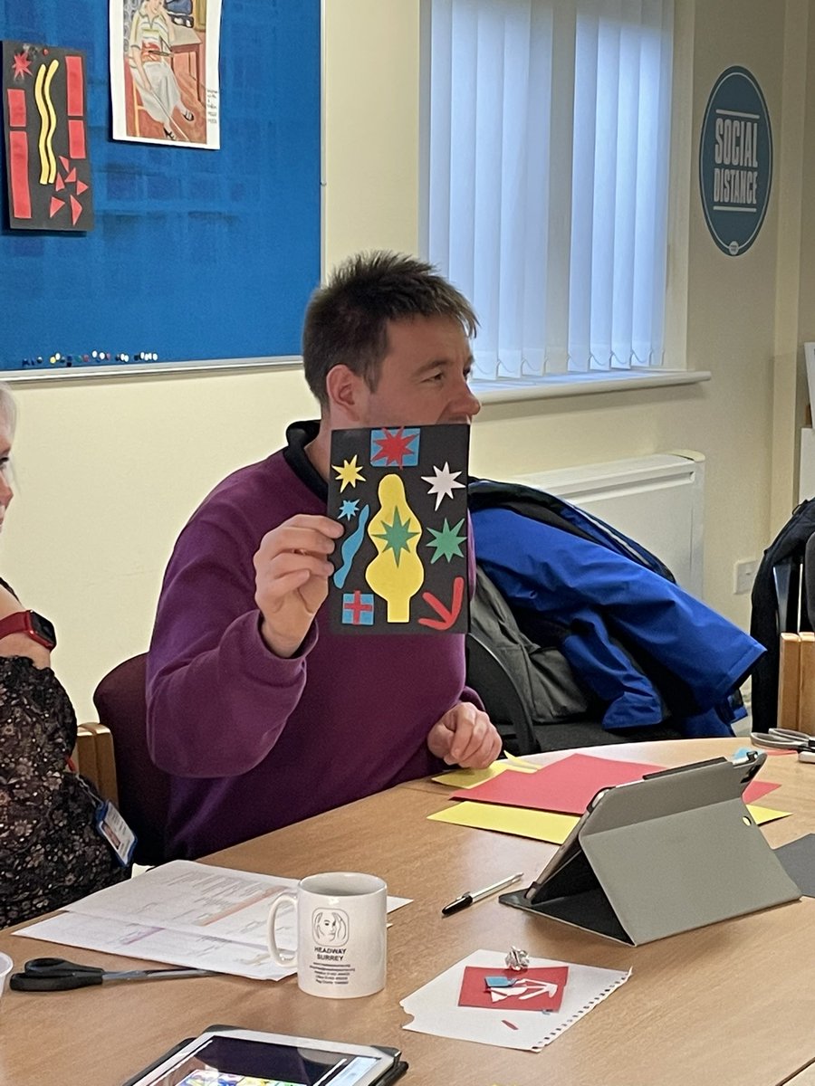 HeadwaySurrey's tweet photo. Great session today with Melanie from @Gfdheritage Clients were #drawingwithscissors in the style of #Matisse to create a Christmas card then a group piece on the theme of #nature in #Surrey which will go on display at #GuildfordHouseGallery in the New Year! Watch this space! https://t.co/5HQAw2tgYE