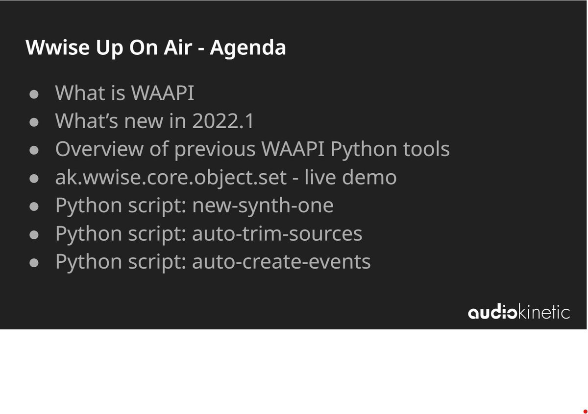 WAAPI users: Book Thursday 3PM EST. I will be presenting new WAAPI features and new examples on GitHub. YouTube and Twitch.