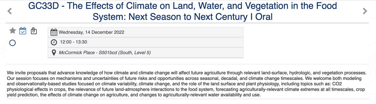 @NatRevEarthEnv @angela_rigden @Coast_Onoriode @JonasJaegermeyr @MeganKonar If you're interested in these topics, check out our #AGU22 session: 'The Effects of Climate on Land, Water, and Vegetation in the Food System' Wednesday from 12:00-13:30 Talks by @ClimateChirper @alpineglow @angela_rigden @jmccarty_geo and more!