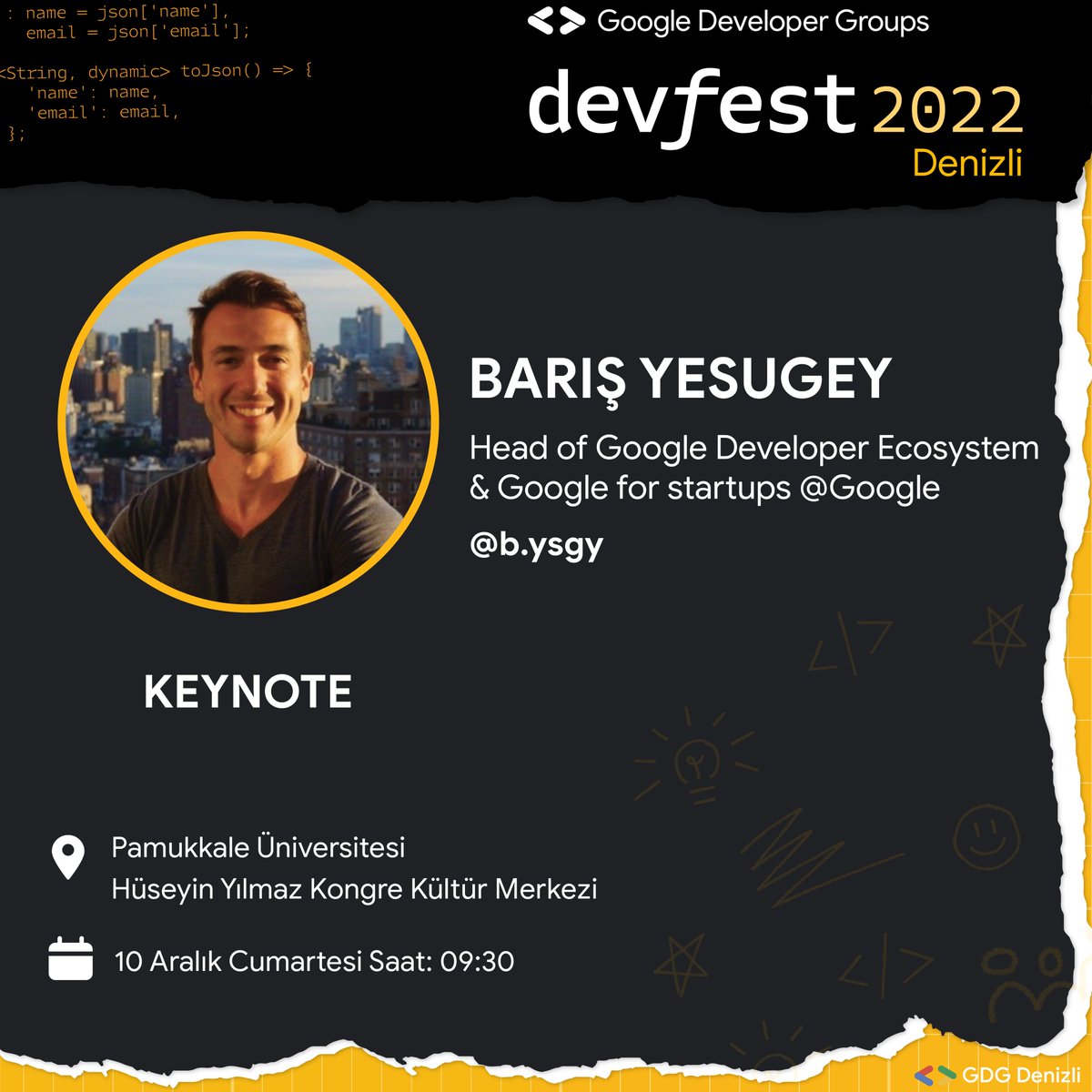 GDG Denizli (@denizligdg) on Twitter photo 🥁İşteee DevFest Denizli 2022'nin sıradaki konuşmacısı Barış Yesugey!
Barış, Google'da Head of Google Developer Ecosystem rolünde çalışıyor ve "Keynote” oturumuyla bizlerle buluşacak! 🚀
Etkinliğe katılmak için hemen linkten kayıt ol ! 👀
<a href="/BarisYesugey/">Baris Yesugey</a> 🥁İşteee DevFest Denizli 2022'nin sıradaki konuşmacısı Barış Yesugey!
Barış, Google'da Head of Google Developer Ecosystem rolünde çalışıyor ve "Keynote” oturumuyla bizlerle buluşacak! 🚀
Etkinliğe katılmak için hemen linkten kayıt ol ! 👀
<a href="/BarisYesugey/">Baris Yesugey</a>