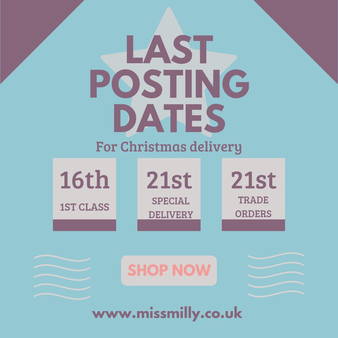 Royal Mail has revised its last posting dates for Xmas delivery. We have already upgraded our free delivery from 2nd to 1st Class so you still have 10 days to benefit from free UK delivery but please order by the end of Thurs 15 Dec to be sure of dispatch Fri 16 Dec.
#XmasGifts