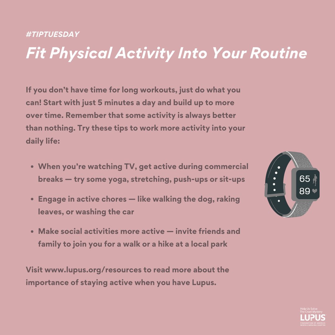 LupusNC's tweet photo. Visit https://t.co/jHXTP34Cmn to read more about the importance of staying active when you have Lupus.
#LFANC #Lupus #TipTuesday https://t.co/1e7a7Fa83v