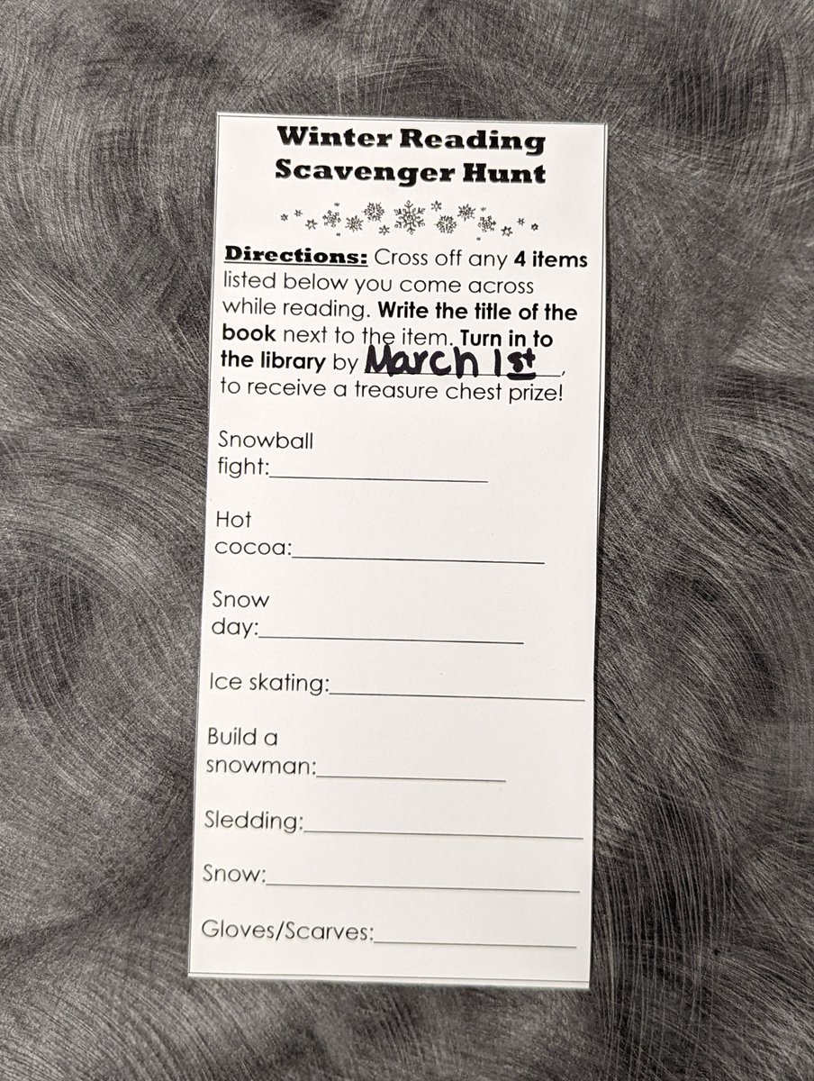 EastgateReads's tweet photo. Come join us for a winter reading scavenger hunt! Write the title of the book next to the item and turn it into the library for a treasure chest prize. https://t.co/R8RsgdcAAE