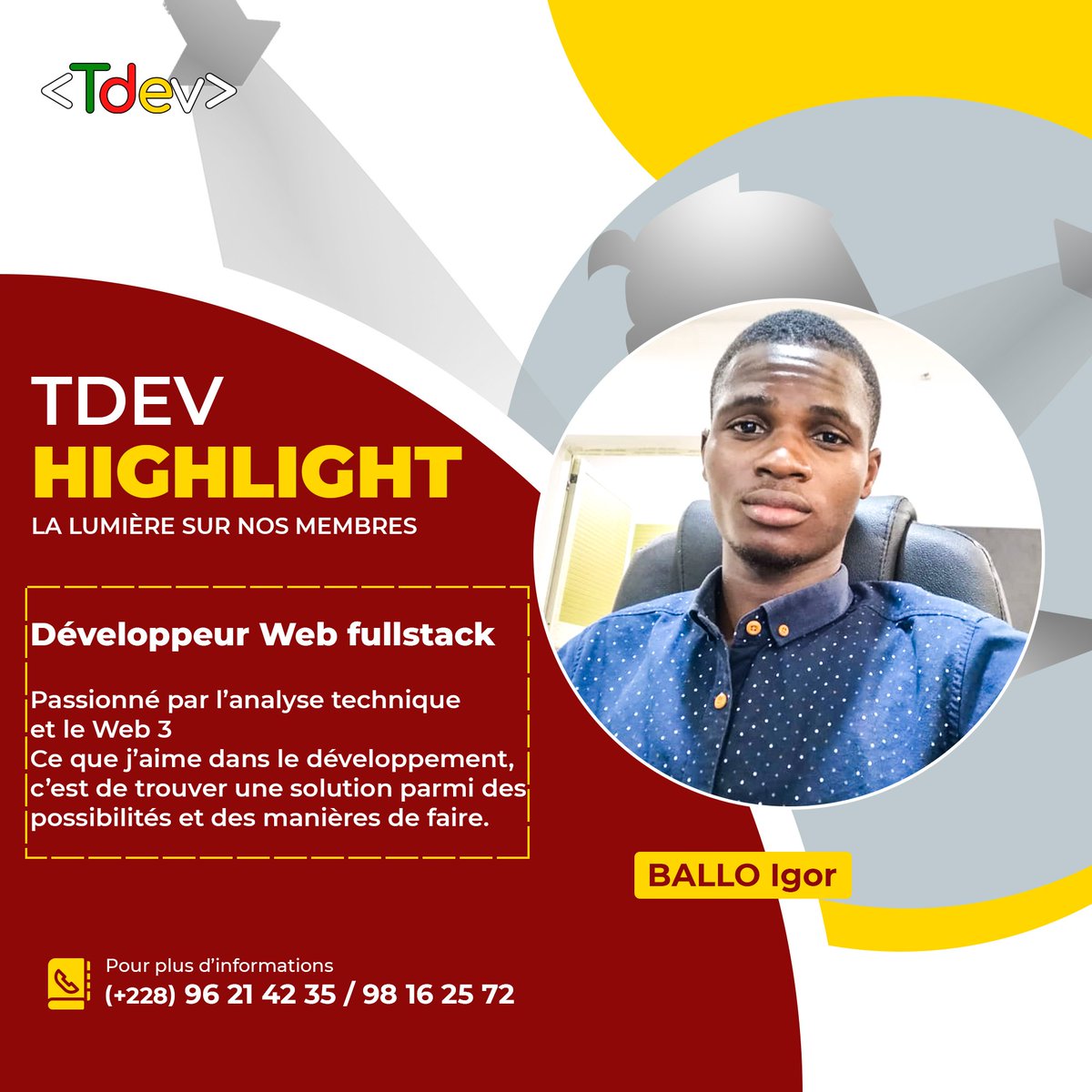 tdevorg's tweet photo. "Passionné par l'analyse technique et le Web 3, ce que j'aime dans le développement, c'est de trouver une solution parmi plein de possibilités et de manières de faire" Développeur Web Fullstack.
#TDev228 #TgTech #TdevHighlight #Tech4Good #TgTwittos #tech #TgDev #çaParleDev https://t.co/gGlB3Pnprl