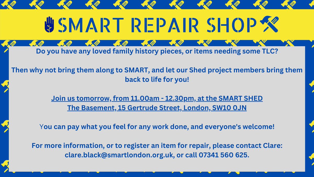 We're giving The Repair Shop a SMART twist! 😁 Join us tomorrow, and bring along your beloved items and pieces for a spruce up ✨. #Charity #Chelsea #Community #Repairs #MentalHealth #TLC #DIY