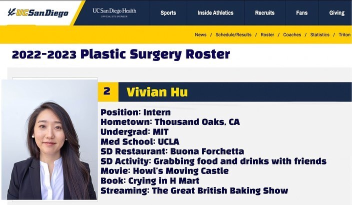 Batting second, is our other all-star intern, the one and only Vivian Hu. Vivian says her favorite thing about UCSD is “besides the residents? The amazing faculty who is so supportive and trusting and excited to teach” 
.
.
#acapsedu #plasticsurgery #prs… instagr.am/p/Cl1gM7PJ0U3/