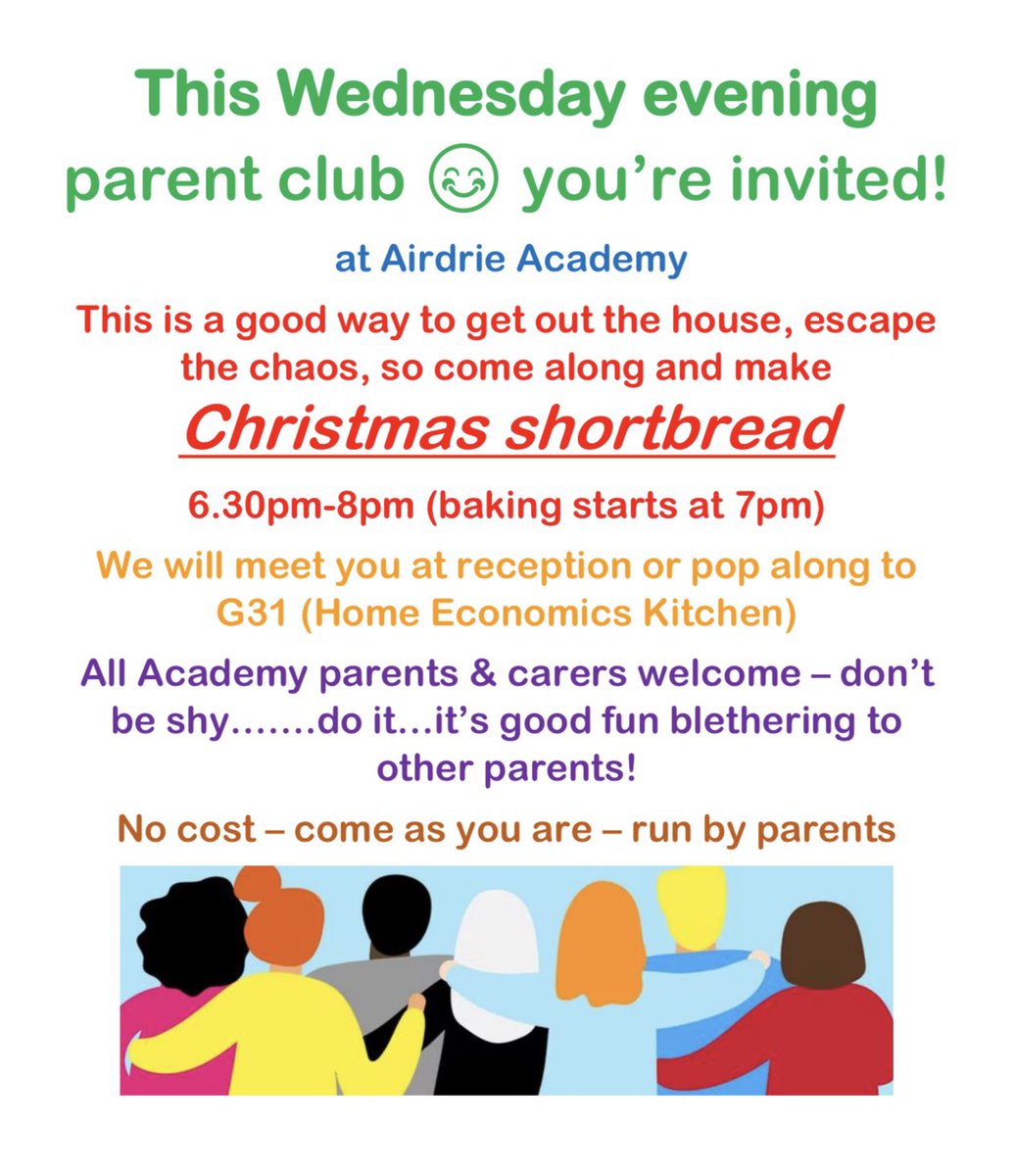 Tomorrow evening our Parent Club will meet again and you can make Christmas Shortbread! 👩‍🍳👨‍🍳🎄
Come along and meet other parents and carers <a href="/AirdrieAcademy/">AirdrieAcademy</a> #teamwork