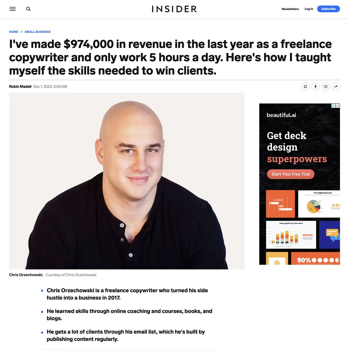Chris Orzechowski (@chrisorzy) on Twitter photo Would you like me to show you how I built a $974,000/year copywriting business? (with no FT employees)
I just recorded a 22-minute breakdown of how I built & scaled my brand.
Want it?
LIKE and RETWEET this and I'll dm you the training.
(must be following) Would you like me to show you how I built a $974,000/year copywriting business? (with no FT employees)
I just recorded a 22-minute breakdown of how I built & scaled my brand.
Want it?
LIKE and RETWEET this and I'll dm you the training.
(must be following)
