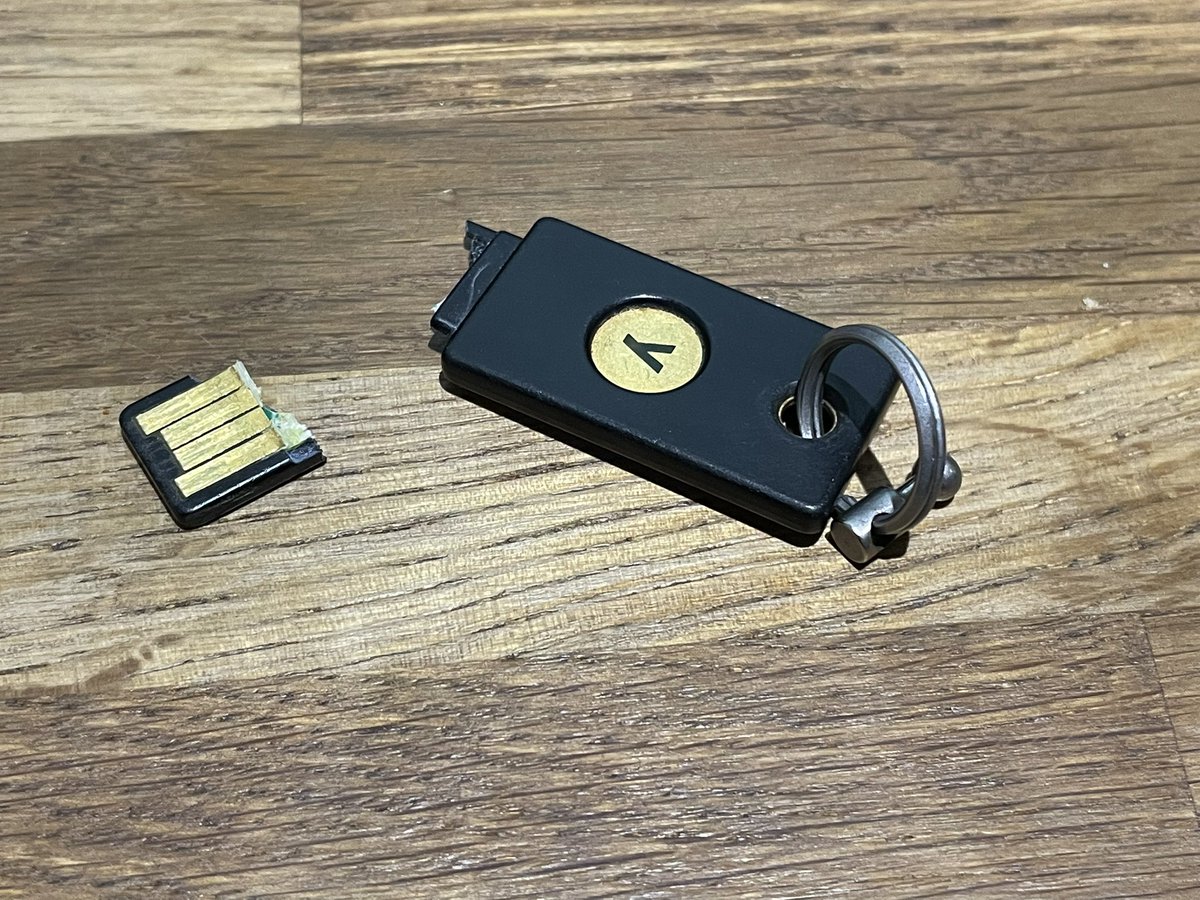 David Cannings (@edeca) on Twitter photo I guess I’ve upgraded to three factor authentication. My trusty <a href="/Yubico/">Yubico | #YubiKey</a> lost a fight with a four year old 😂 I guess I’ve upgraded to three factor authentication. My trusty <a href="/Yubico/">Yubico | #YubiKey</a> lost a fight with a four year old 😂