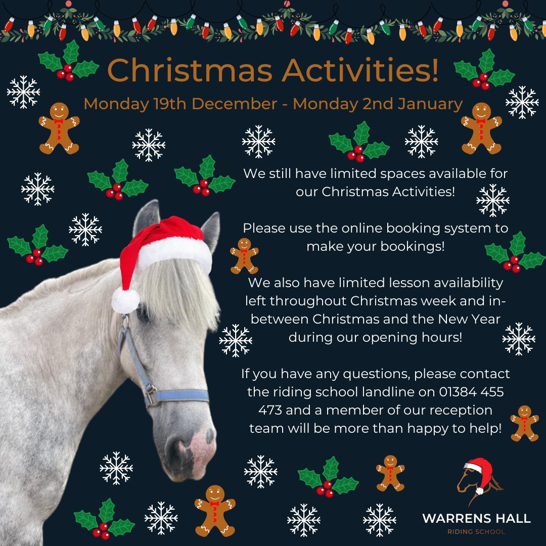 whridingschool's tweet photo. We only have limited availability on our Christmas Activities and Lessons! 🎅⭐

To make your bookings, please use the online booking system. 

If you have any questions, please contact the riding school landline on 01384 455 473 🎅⭐🐴❤️ https://t.co/tAfPraAILP