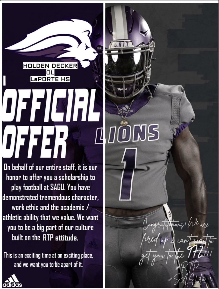 BigDeck79's tweet photo. Blessed to revive an offer from SAGU @RecruitLP @k_berneathy @coachkwhitely @FondawRoy @SAGU_Football @CoachGregEllis #RTP23 https://t.co/kWTP0A1kLm