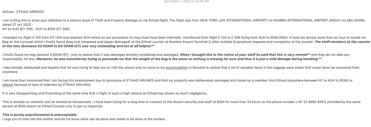 Anubha1993's tweet photo. @etihad @EtihadHelp #stressed #dissapointedatairportstaffs 
I am writing this to draw your attention to a serious issue of Theft and Property damage on my Etihad flight; The flight was from NEW YORK (JFK AIRPORT) to MUMBAI INTERNATIONAL AIRPORT (INDIA) via ABU DHABI https://t.co/TIoWVKavgZ