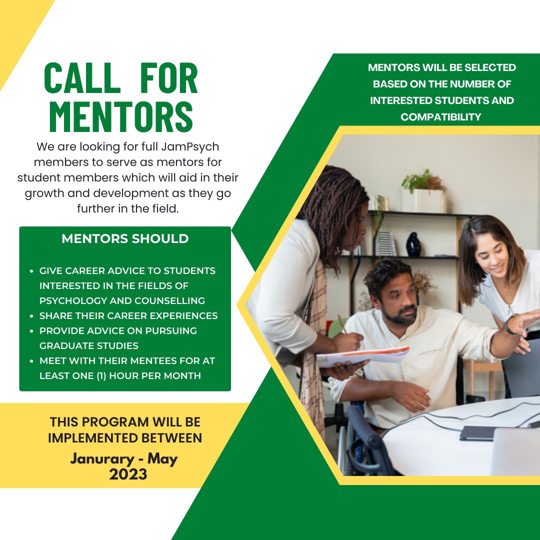 JamPsych's tweet image. We invite full members to mentor our student members as to aid in their growth and development as they go further in their field.

Please see the flyer below for more information.
  

If you have any further questions or concerns, you may contact us at jampsychmembership@gmail.”