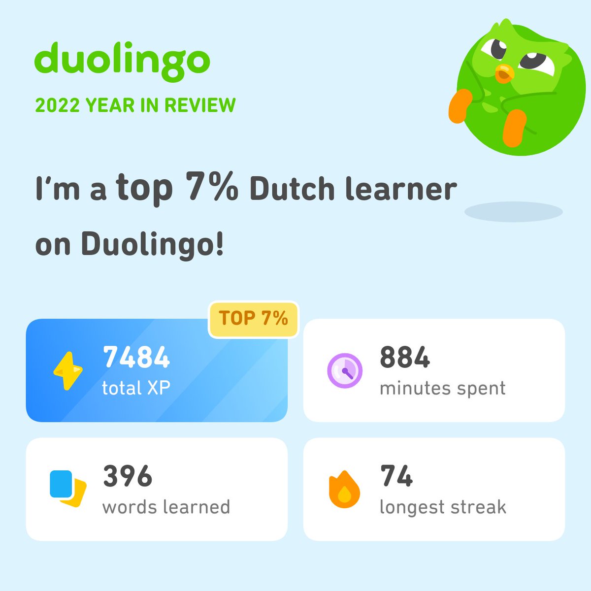 eemalicious91's tweet photo. Look how much I learned on Duolingo in 2022! How did you do? #Duolingo365 https://t.co/hxrLg4pZBz