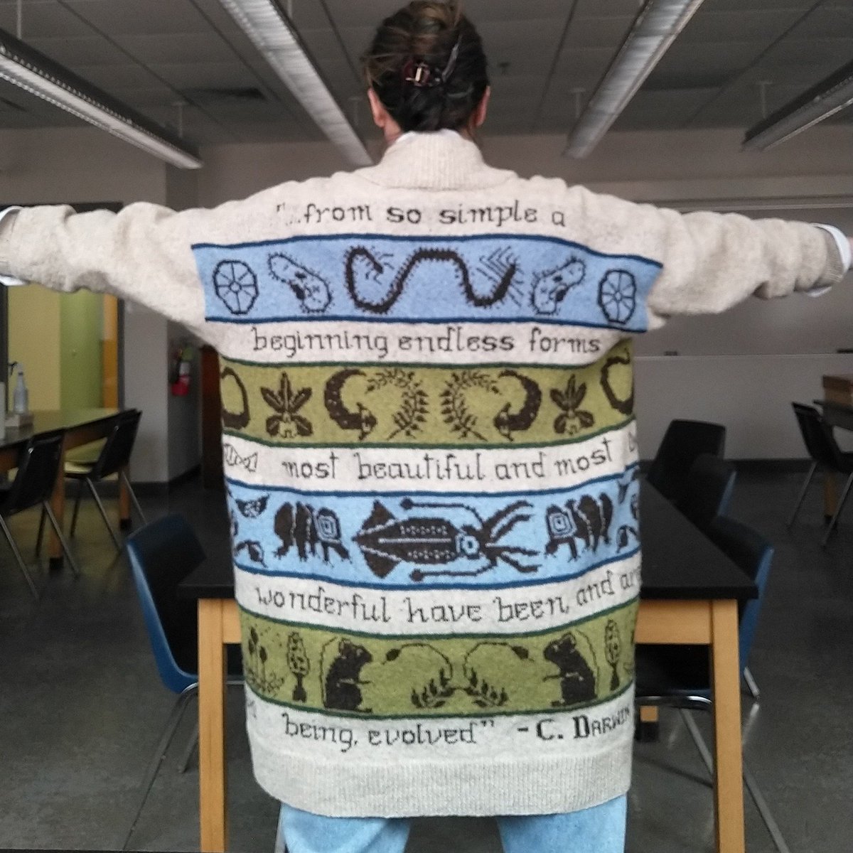Wrapping up intro biology lab research presentations in style. Hand knitted and designed- every major phyla covered in the class ... and a few prokaryotes and viruses because the microbiologist in my department insisted 😊 I'm sure @markowenmartin would approve of the decision