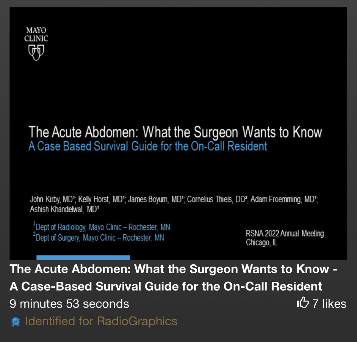 JohnKirbyMD's tweet image. Incredibly honored to have received an invitation from @RadioGraphics for our #RSNA22 exhibit on the acute abdomen!! Huge thank you to our entire  team of coauthors for their amazing work and mentorship! @drashishcool @adam_froemming @ThielsCA @MayoRadiology @MayoMN_RadRes @RSNA