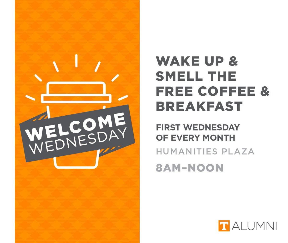 TOMORROW is the last Welcome Wednesday of the semester! Come celebrate the last day of class with chicken biscuits &amp; coffee courtesy of our amazing Alumni Office <a href="/tennalum/">UT Knoxville Alumni</a>! #WelcomeWednesday