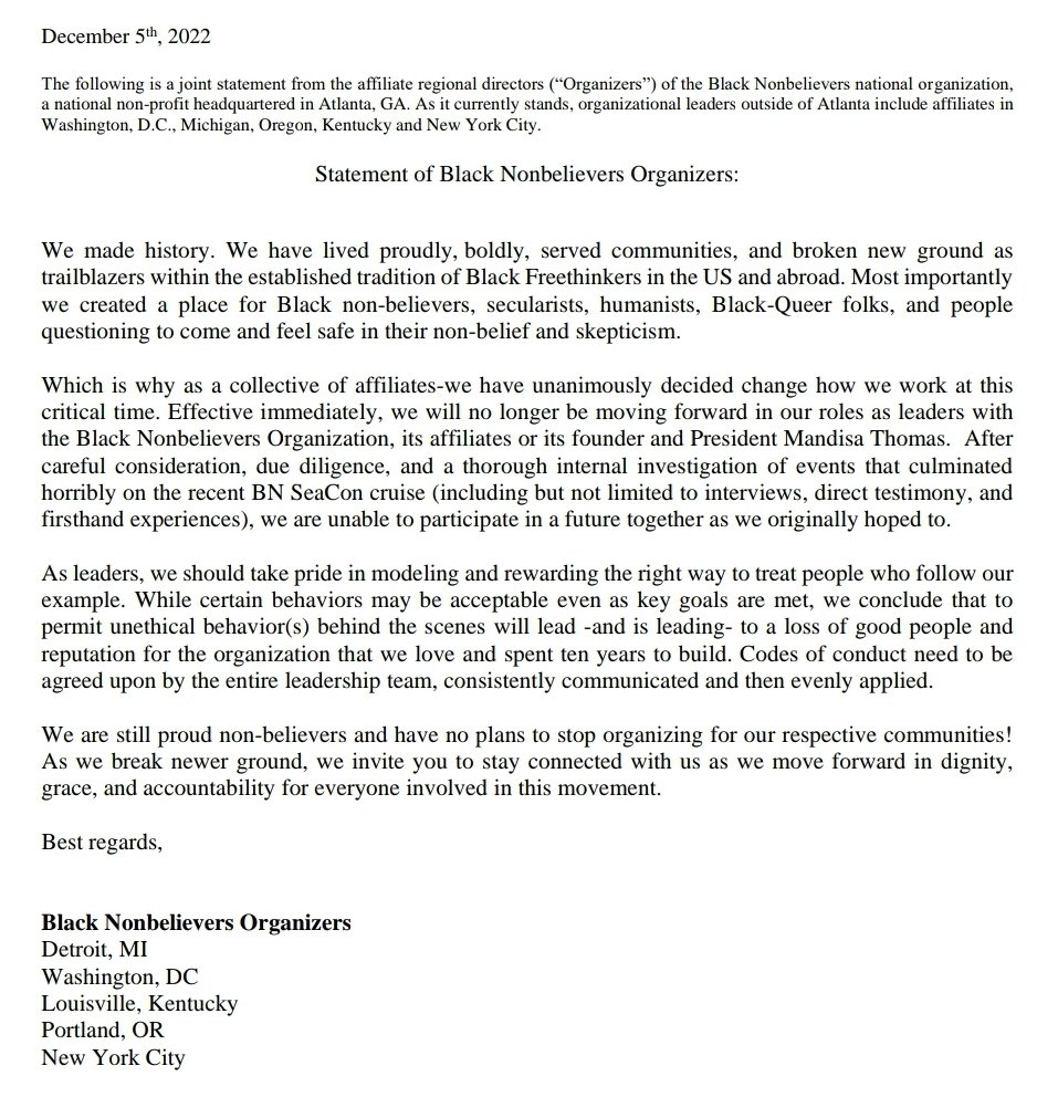 kevon_cameron's tweet photo. We're still committed to the cause and we'll be moving forward as a collective of Black atheist organizations. If you also believe that the mission is more important than any one individual, please join us in our future endeavors. https://t.co/dTZ6teEgam