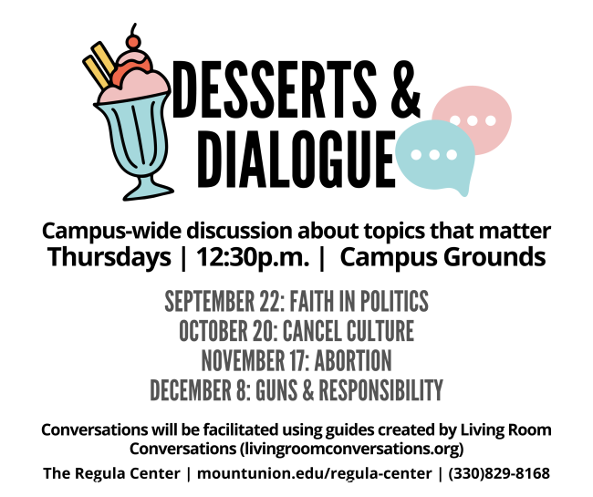 whattodoatmount's tweet photo. This week, join the campus community for an intimate conversation about the topics that matter! This Thursday at 12:30 p.m. in Campus Grounds, engage in a discussion around guns and responsibility, facilitated by the Regula Center. https://t.co/oyBiBgRrxi
