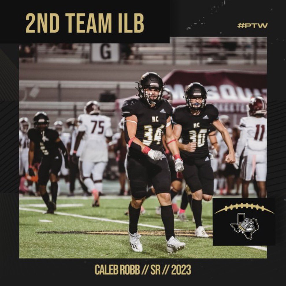 This year I was voted on as 2nd team all-district ILB. I finished the season with 128 tackles, 7 sacks, 14 TFL’s, 3 FF, 3FR, 2 blocked punts, and 1 TD. I lead the district in tackles as well <a href="/ROCOgameday/">Rockwall County Gameday</a> <a href="/RC_Bulldogs/">Royse City Football</a> <a href="/RCISDAthletics/">Royse City ISD Athletics</a> <a href="/CoachSOliver/">Steven Oliver</a> @CoachJones_Jr <a href="/_EliteProspects/">🚨Elite Prospects🚨</a>