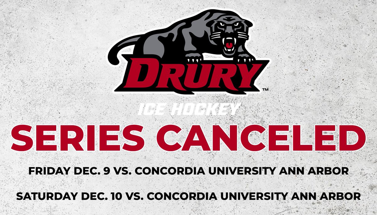 DU_IceHockey's tweet photo. Our home series against Concordia Ann Arbor has been canceled due to travel issues with CUAA . #DruryHockey https://t.co/ThwqpwP0QT